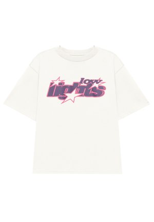 Witte oversized katoenen t-shirt met een grafische print in paars en roze met sterren. Korte mouwen en een ronde hals.
