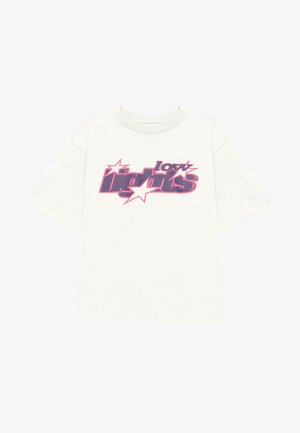 Witte oversized katoenen t-shirt met een grafische print in paars en roze met sterren. Korte mouwen en een ronde hals.