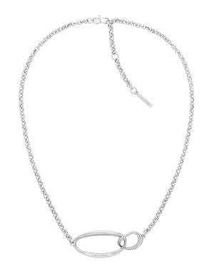 Silberne Kettenhalskette mit ovalem Glied-Detail, polierter Oberfläche und einem kleinen Anhänger mit Markenlogo. Ausgestattet mit einem Karabinerverschluss.