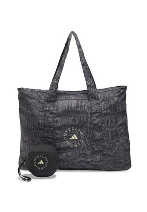 Sacoche tote en simili-crocodile noir avec poignées doubles et une étiquette de logo. Inclut une pochette compacte et détachable en noir assorti.