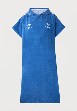 Blue hooded towel dress with short sleeves and white "Roxy" logo on chest, made of soft terry cloth fabric.