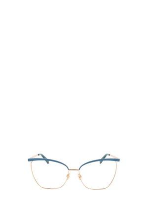 Occhiali con sottili montature in filo d’oro e astine superiori blu a forma di occhio di gatto, con naselli regolabili e sottili aste blu.