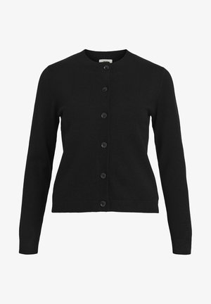 Musta kardigan ümmarguse kaelusega, pikkade varrukatega ja kuue nupuga eest sulgemiseks. Valmistatud pehmest kudumisest, millel on soonikdetailid mansettides ja allservas.
