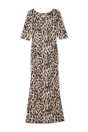 Leopardenmuster-Midi-Kleid aus leichtem Stoff, mit Rundhalsausschnitt, kurzen Ärmeln und gerafften Seitendetails.