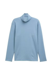 Hellblaues Rollkragenoberteil mit langen Ärmeln, aus weichem, strukturiertem Material. Verfügt über einen hohen Kragen und ein lässiges Schnittdesign.