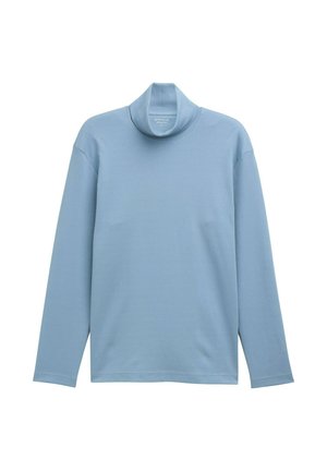 Lichtblauw coltrui met lange mouwen, gemaakt van zachte, textuurachtige stof. Heeft een hoge halslijn en een ontspannen pasvorm.