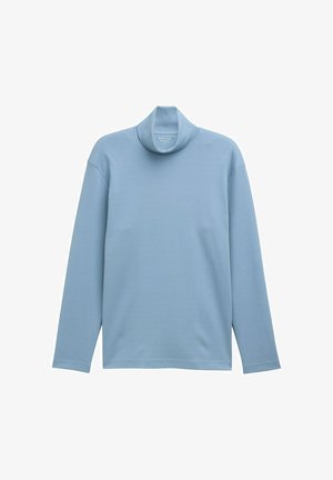 Lichtblauw coltrui met lange mouwen, gemaakt van zachte, textuurachtige stof. Heeft een hoge halslijn en een ontspannen pasvorm.
