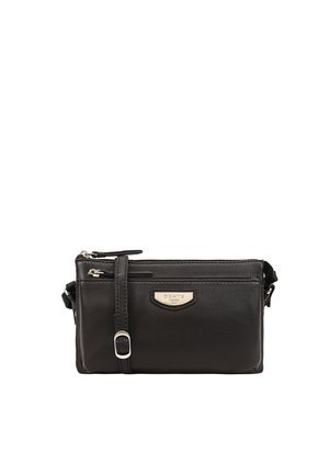 Sac bandoulière en cuir noir avec boucle en argent, poche avant zippée et étiquette de marque métallique "Dents" sur fond blanc.