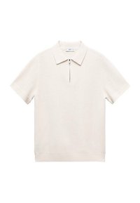 Polo shirt crème clair en tissu texturé, présentant un col zippé et des manches courtes. Encolure épurée et ourlet inférieur droit.