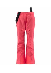 Pantaloni outdoor rosa con vestibilità rilassata, dotati di tasche con zip, cinturini regolabili e gambe rinforzate, realizzati in materiale resistente.