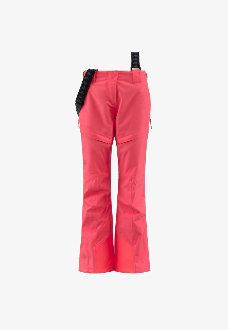 Pantaloni outdoor rosa con vestibilità rilassata, dotati di tasche con zip, cinturini regolabili e gambe rinforzate, realizzati in materiale resistente.