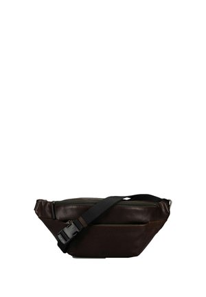 Dunkelbraune Leder-Gürteltasche mit schwarzem verstellbarem Riemen und Reißverschluss, zum freihändigen Tragen entworfen.