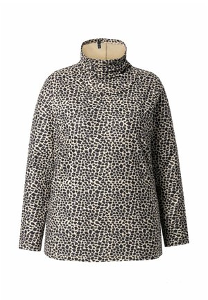 Langærmet top med høj krave, der har et abstrakt mønster i creme og mørkeblå, lavet af blødt stof med en afslappet pasform.