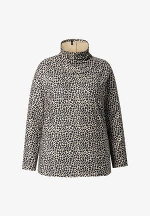 Langærmet top med høj krave, der har et abstrakt mønster i creme og mørkeblå, lavet af blødt stof med en afslappet pasform.