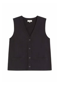 Chaleco negro sin mangas con botones, cuello en V y dos pequeños bolsillos delanteros, mostrado sobre un fondo blanco.