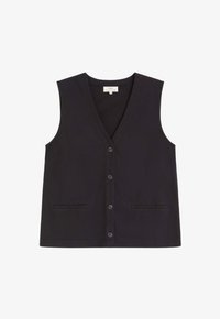 Chaleco negro sin mangas con botones, cuello en V y dos pequeños bolsillos delanteros, mostrado sobre un fondo blanco.