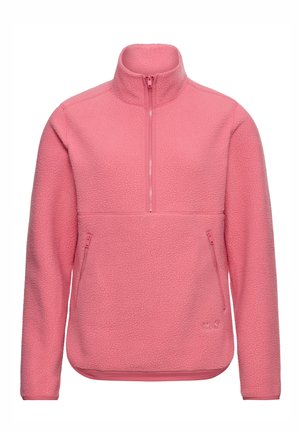 Fleece pullover, lichtroze, half-rits ontwerp, hoge kraag, twee zijzakken met ritsen, gestructureerde stof met een zachte afwerking.