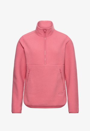 Fleece pullover, lichtroze, half-rits ontwerp, hoge kraag, twee zijzakken met ritsen, gestructureerde stof met een zachte afwerking.