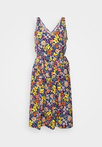 Květinové šaty s námořnickým pozadím, zdobené vícebarevnými květinami v žluté, růžové a oranžové barvě. Šaty mají výstřih do V, bez rukávů, na tělo s splývavou sukní.