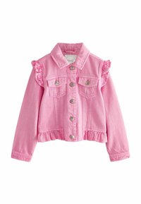 Rosa Jeansjacke mit Rüschenschultern, silbernen Knöpfen und zwei Vordertaschen. Verkürztes Design mit gerüschtem Saum und langen Ärmeln.