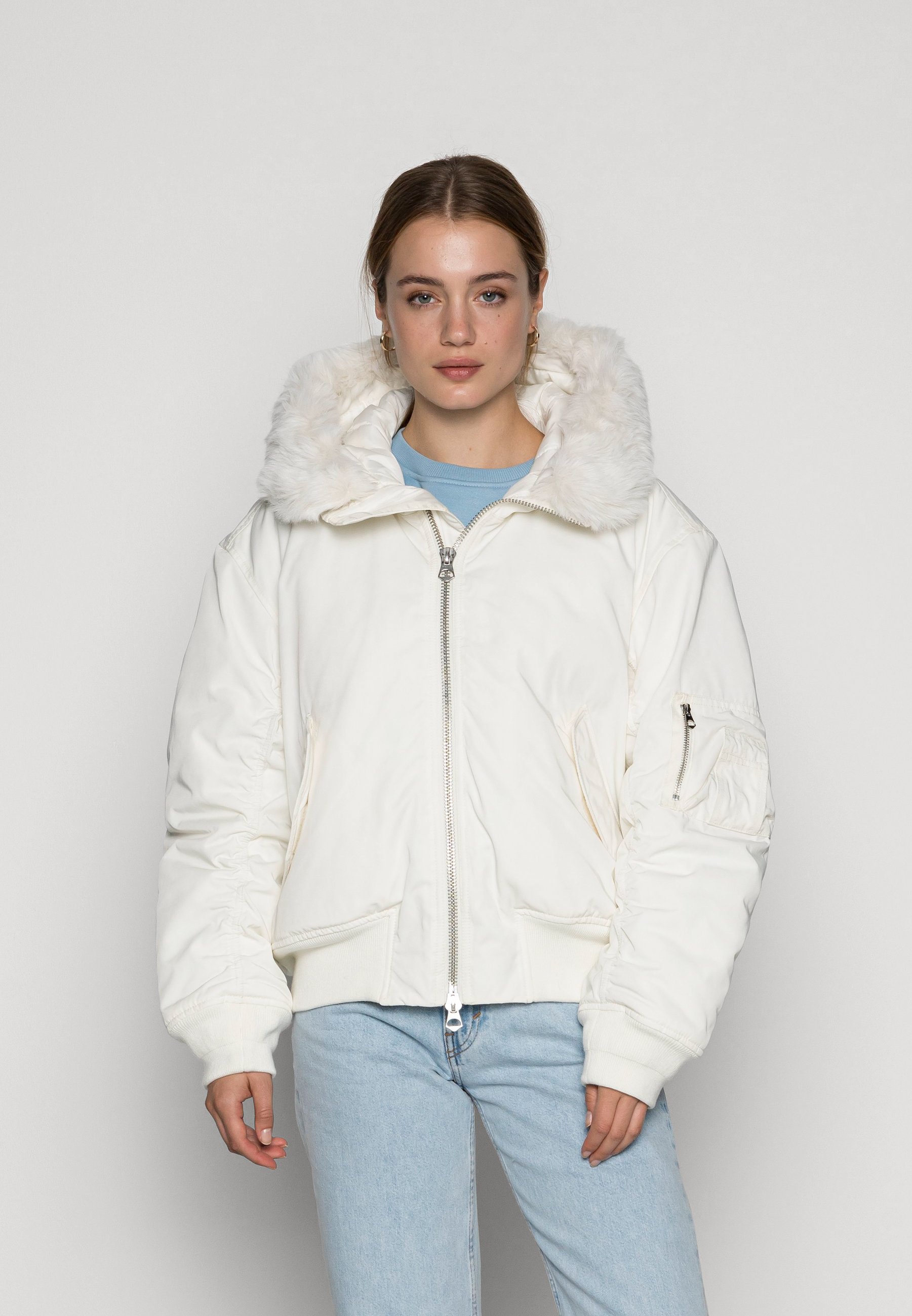 white bomber coat