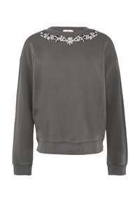Szary dres z okrągłym dekoltem, długimi rękawami i ozdobnym kwiatowym detalem z rhinestone przy kołnierzu. Miękka, teksturowana tkanina.