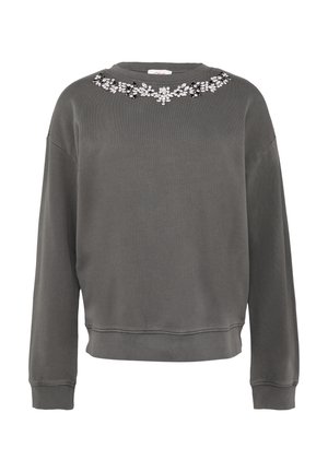 Szary dres z okrągłym dekoltem, długimi rękawami i ozdobnym kwiatowym detalem z rhinestone przy kołnierzu. Miękka, teksturowana tkanina.