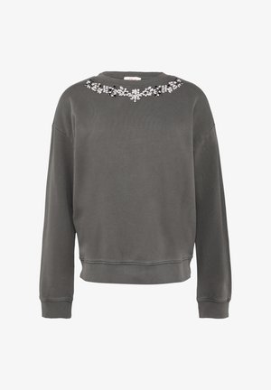 Grauer Sweatshirt mit Rundhalsausschnitt, langen Ärmeln und dekorativen floralen Strassdetails am Kragen. Weicher, strukturierter Stoff.