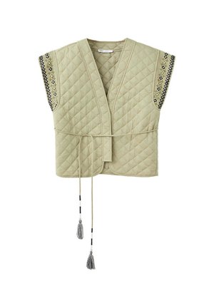 Beige gesteppte Weste mit kurzen Ärmeln, bestickten Musterdetails an den Ärmeln und einem dünnen Gürtel mit Quasten in der Taille.