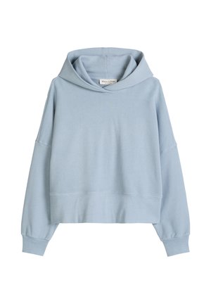 Jasnoniebieska krótka bluza z długimi rękawami, ściągaczami na mankietach oraz szerokim kapturem, prezentowana na jednolitym białym tle.