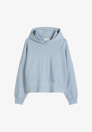 Light blue cropped hoodie with long sleeves, ribbed cuffs, and a wide hood, displayed on a plain white background.