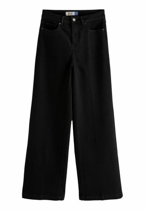 Bredde ben sorte denimbukser med en glat tekstur, der har en knappelukning, fem lommer og minimale syninger.