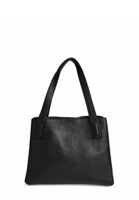 Borsa tote nera in pelle con texture liscia, forma rettangolare alta e doppi manici superiori. Caratterizzata da una chiusura con zip superiore e un design minimalista.