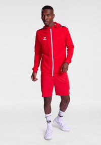 Roter Trainingsanzug mit einer Kapuzenjacke mit Reißverschluss und passenden Shorts. Er verfügt über weiße Akzente, Branding auf der Brust und ein schlankes, sportliches Design.