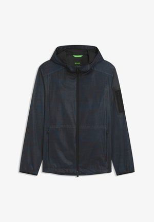 Herren Navy-Windbreaker-Jacke aus leichtem, strukturiertem Stoff. Mit Kapuze, Frontreißverschluss, seitlichen Taschen und einer Reißverschlusstasche am Ärmel.