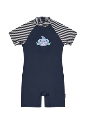 Marineblauer Badeanzug mit kurzen Ärmeln, gestreiften Ärmeln und Kragen, mit einem lächelnden Cartoon-Hai auf der Brust.