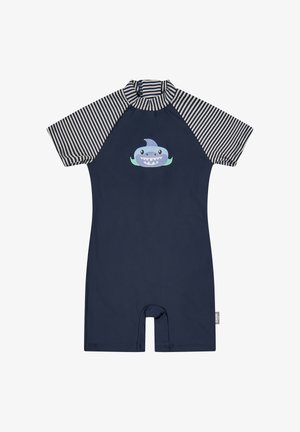 Marineblauer Badeanzug mit kurzen Ärmeln, gestreiften Ärmeln und Kragen, mit einem lächelnden Cartoon-Hai auf der Brust.