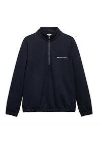 Felpa blu navy con collo alto, mezza zip e vita elastica. Presenta una tasca sul petto con cerniera e polsini a costine.