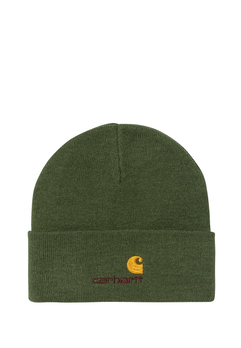 Zielona czapka beanie wykonana z dzianiny, z podwiniętym brzegiem. Na froncie haftowane żółte i burgundowe logo Carhartt.