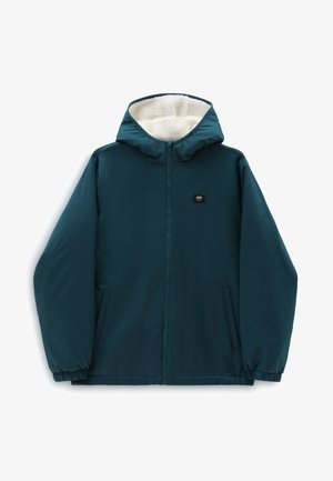 Chaqueta con capucha de color verde azulado con cremallera frontal, dos bolsillos laterales, puños elásticos y forro interior de forro polar blanco en la capucha.