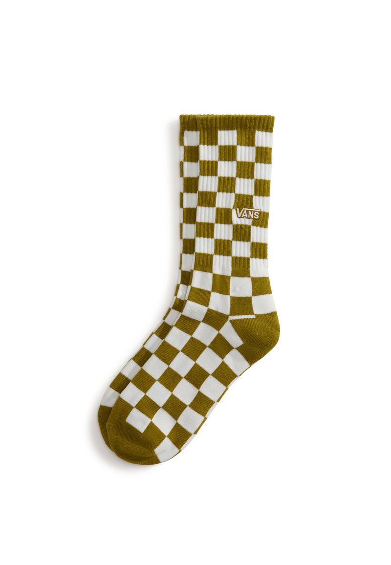 Olivgrüne und weiße Karosocken mit gerippter Struktur und kleinem Vans-Logo an der Seite. Traditionelle Form der Crew-Socke.