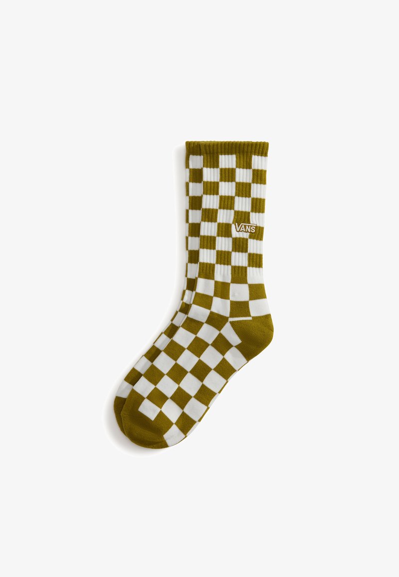 Olivgrüne und weiße Karosocken mit gerippter Struktur und kleinem Vans-Logo an der Seite. Traditionelle Form der Crew-Socke.