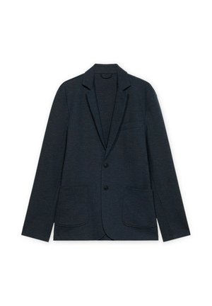 Ciemnogranatowa marynarka z klapami z nacięciem, dwoma guzikami z przodu i trzema naszywanymi kieszeniami z przodu, przedstawiona na płasko na białym tle.