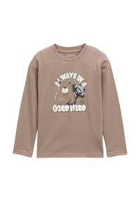 Braunes Langarmshirt aus Baumwolle mit einem grafischen Druck eines Bären und eines Waschbären sowie dem Text „Immer gut gelaunt.“
