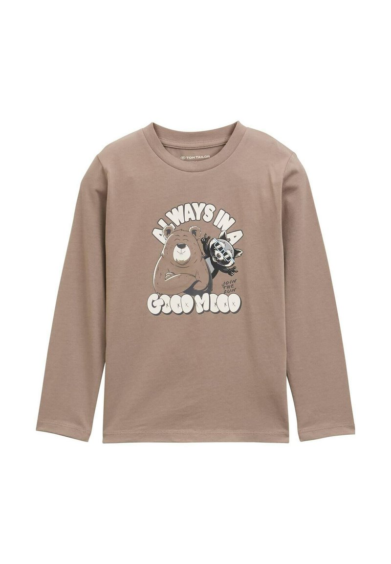 Braunes Langarmshirt aus Baumwolle mit einem grafischen Druck eines Bären und eines Waschbären sowie dem Text „Immer gut gelaunt.“