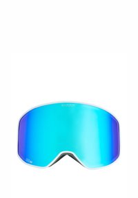 Ski goggles met een groot, gebogen blauwgetint glas, een witte kunststof rand en een anti-condensbehandeling, ontworpen voor optimale zichtbaarheid en bescherming.