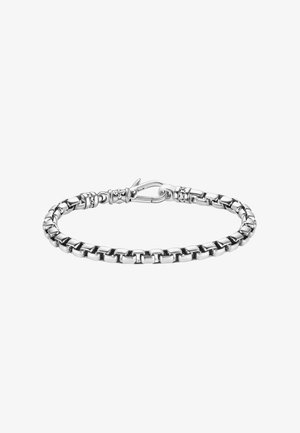 Silbernes Gliederarmband mit Hakenverschluss und dekorativen Stern-Akzenten an den Enden des Verschlusses.