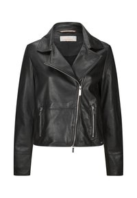 Schwarze Leder-Bikerjacke mit asymmetrischem Reißverschluss, breitem Kragen, zwei Reißverschlusstaschen und langen Ärmeln.