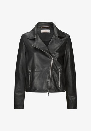 Schwarze Leder-Bikerjacke mit asymmetrischem Reißverschluss, breitem Kragen, zwei Reißverschlusstaschen und langen Ärmeln.