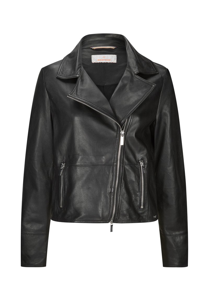 Schwarze Leder-Bikerjacke mit asymmetrischem Reißverschluss, breitem Kragen, zwei Reißverschlusstaschen und langen Ärmeln.